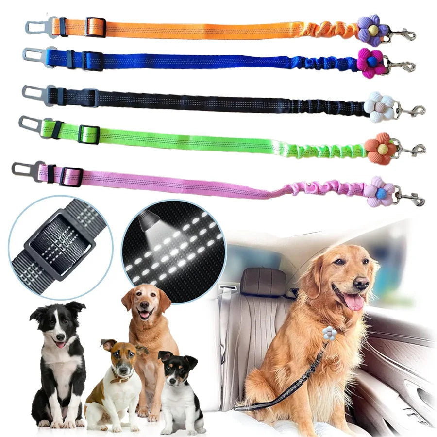 Cinto de segurança para cães, arnês de segurança ajustável com bungee elástico e alça reflexiva, cinto de segurança para animais de estimação de veículos de nylon para cães