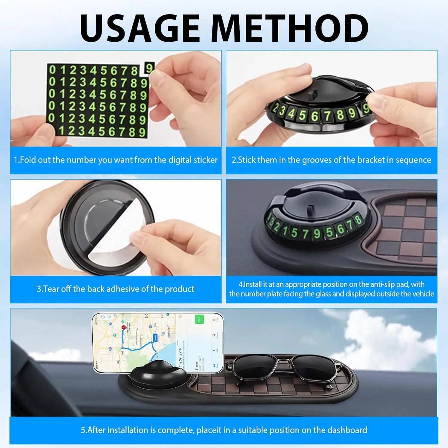 Suporte de telefone para painel de carro, tapete adesivo multifuncional antiderrapante com placa de número de telefone de estacionamento para carro