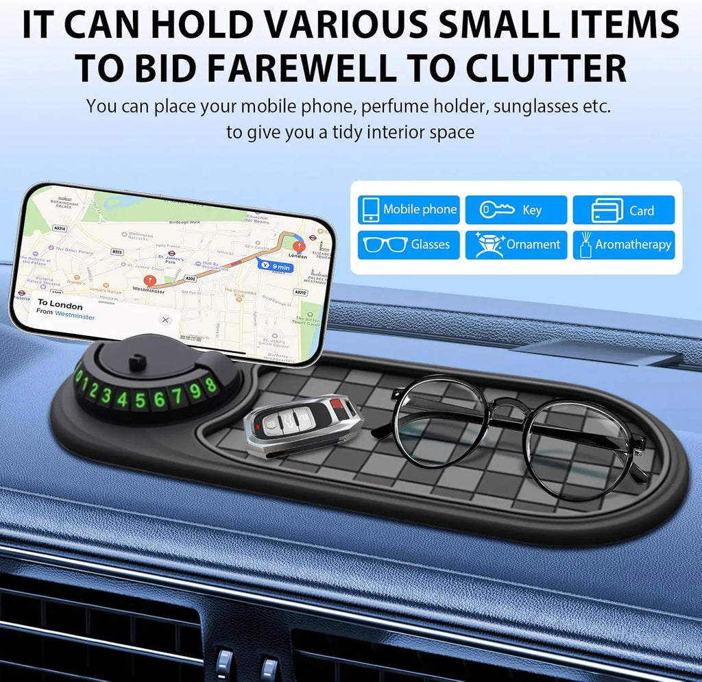 Suporte de telefone para painel de carro, tapete adesivo multifuncional antiderrapante com placa de número de telefone de estacionamento para carro