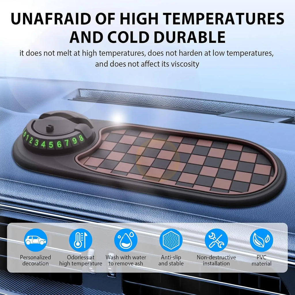 Suporte de telefone para painel de carro, tapete adesivo multifuncional antiderrapante com placa de número de telefone de estacionamento para carro